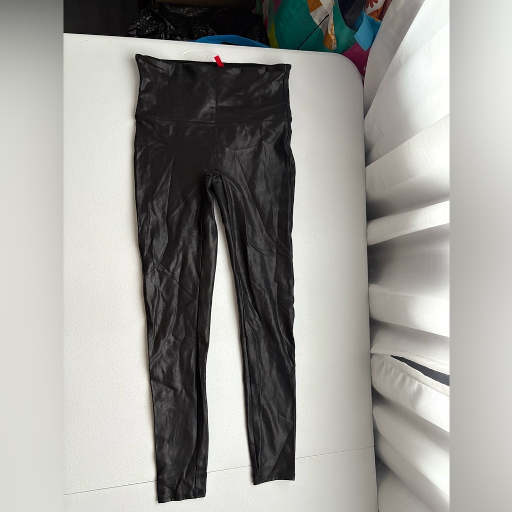 Spanx Faux Leather Leggings Black High Waisted Shaping Slimming Womens Large L
